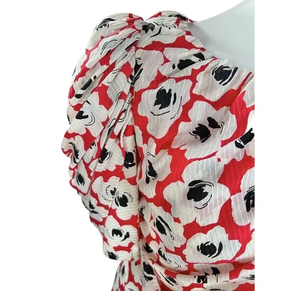 Digna Yero Sakowitz Womens Dress Size 10 Red Blk Wht Puff Sleeves & Draped Yoke - Picture 11 of 16
